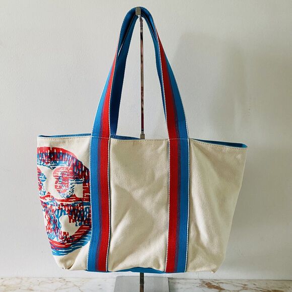 TORY BURCH Ivory Blue Red Color Block Canvas Tote Bag - Picture 1 of 10